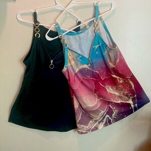 Two tank tops with gold accents.